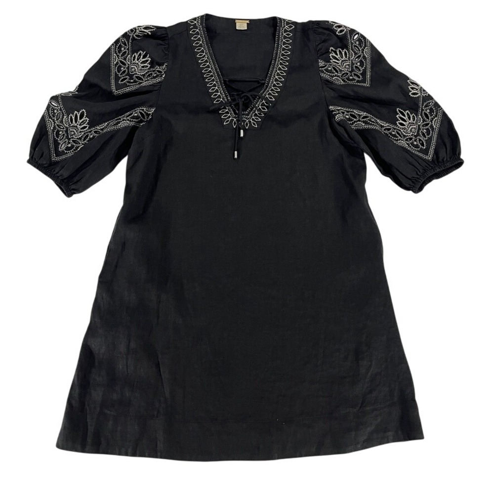 Magaschoni Black Linen Embroidered Puff Sleeve Mini Dress S Boho Lagenlook